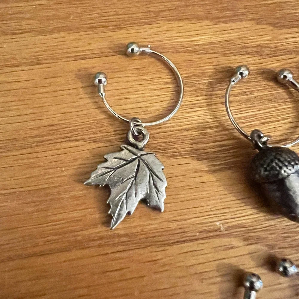 Solid Pewter Wine Glass Charms Set of 6 Heavy Fall Harvest Acorn Leaf Fruit Pear